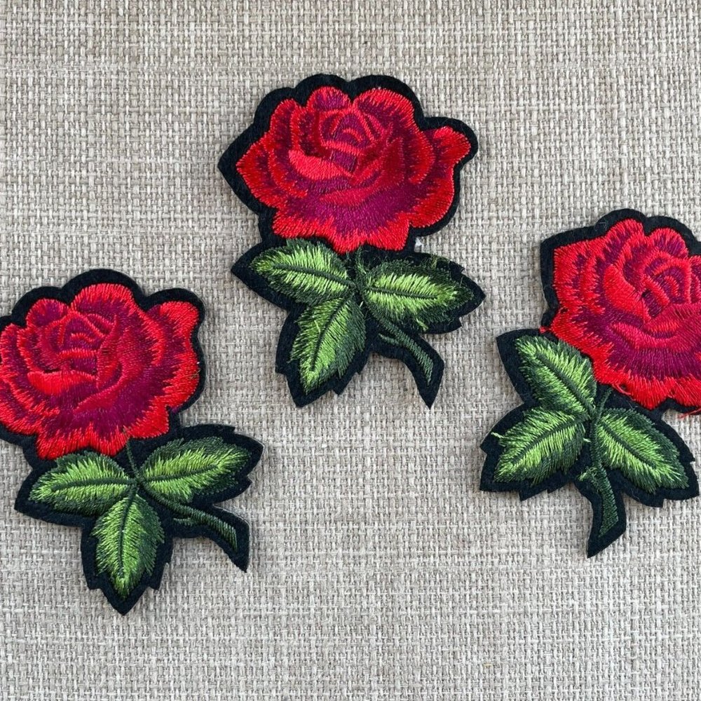 Flower Patches Iron On Red Roses Floral Embroidery Patches for Clothes lot of 3